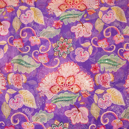 Royal Purple Floral Embellished Organza Fabric