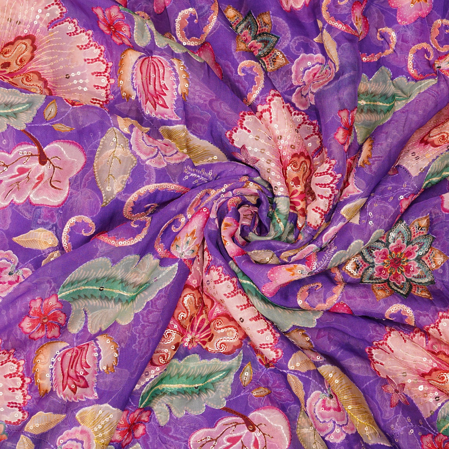 Royal Purple Floral Embellished Organza Fabric