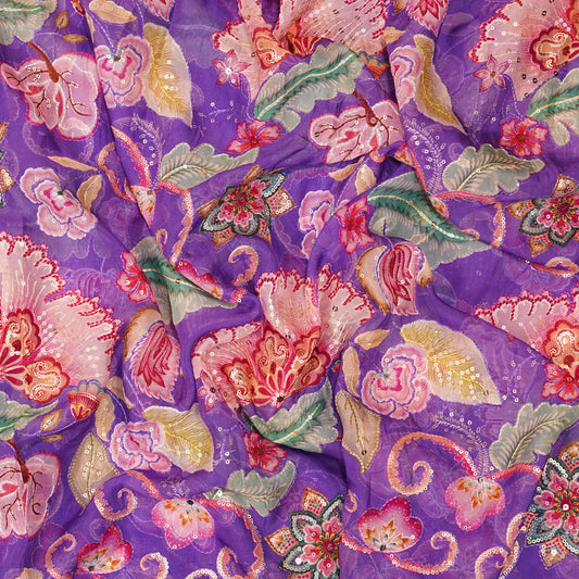 Royal Purple Floral Embellished Organza Fabric