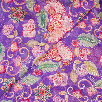 Royal Purple Floral Embellished Organza Fabric