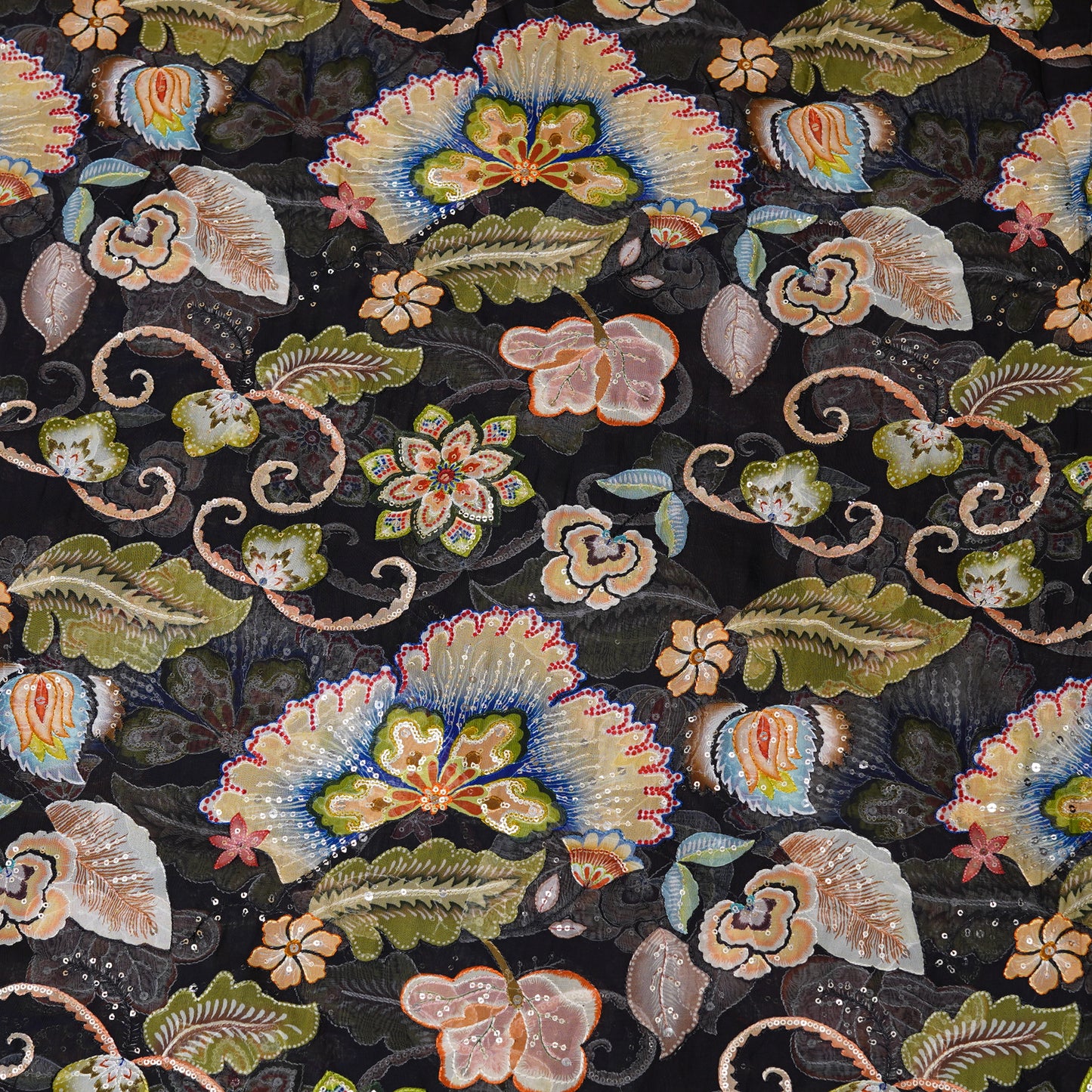 Black Floral Embellished Organza Fabric