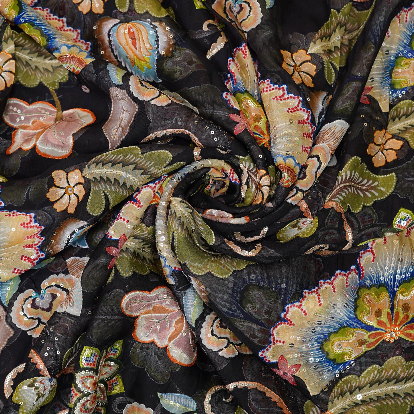 Black Floral Embellished Organza Fabric