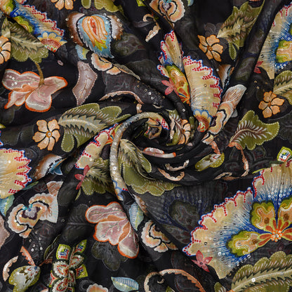 Black Floral Embellished Organza Fabric