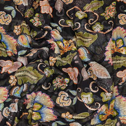 Black Floral Embellished Organza Fabric