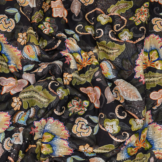 Black Floral Embellished Organza Fabric
