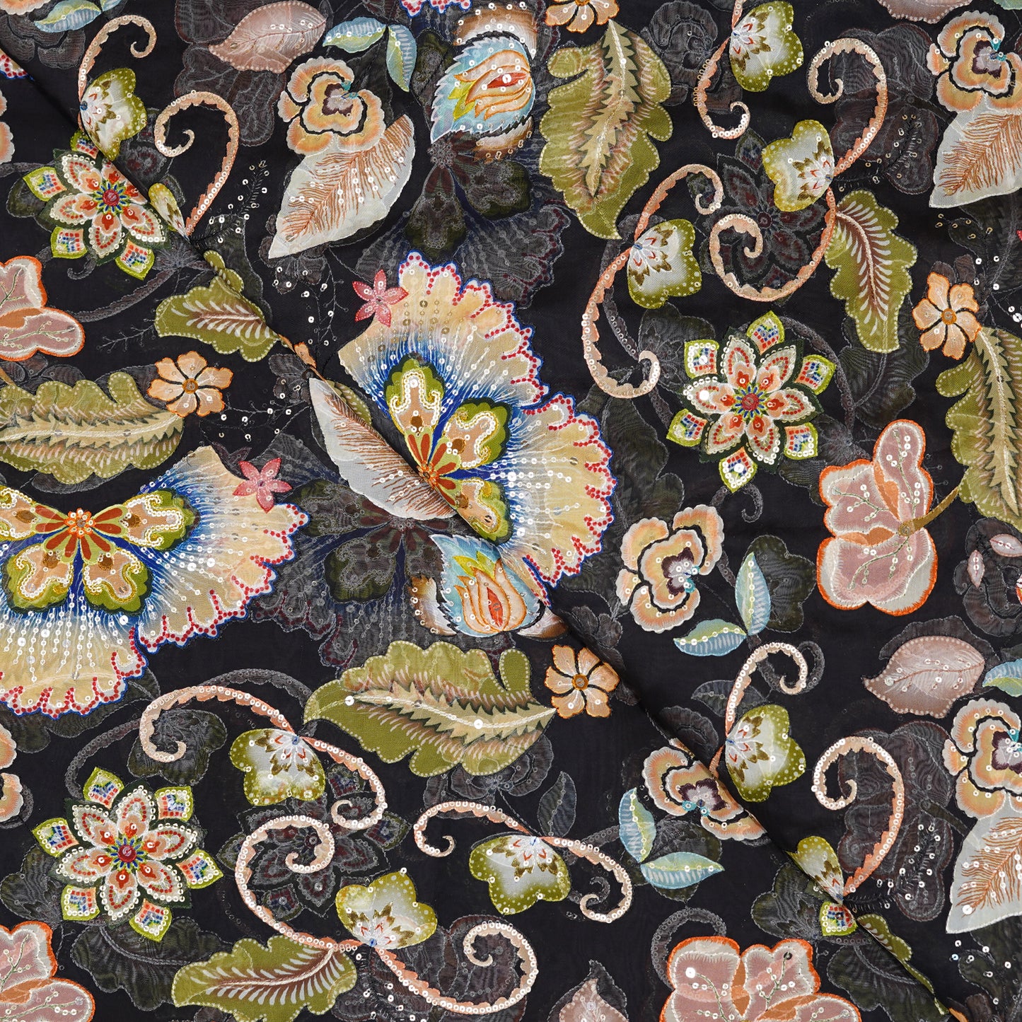Black Floral Embellished Organza Fabric
