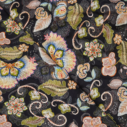 Black Floral Embellished Organza Fabric