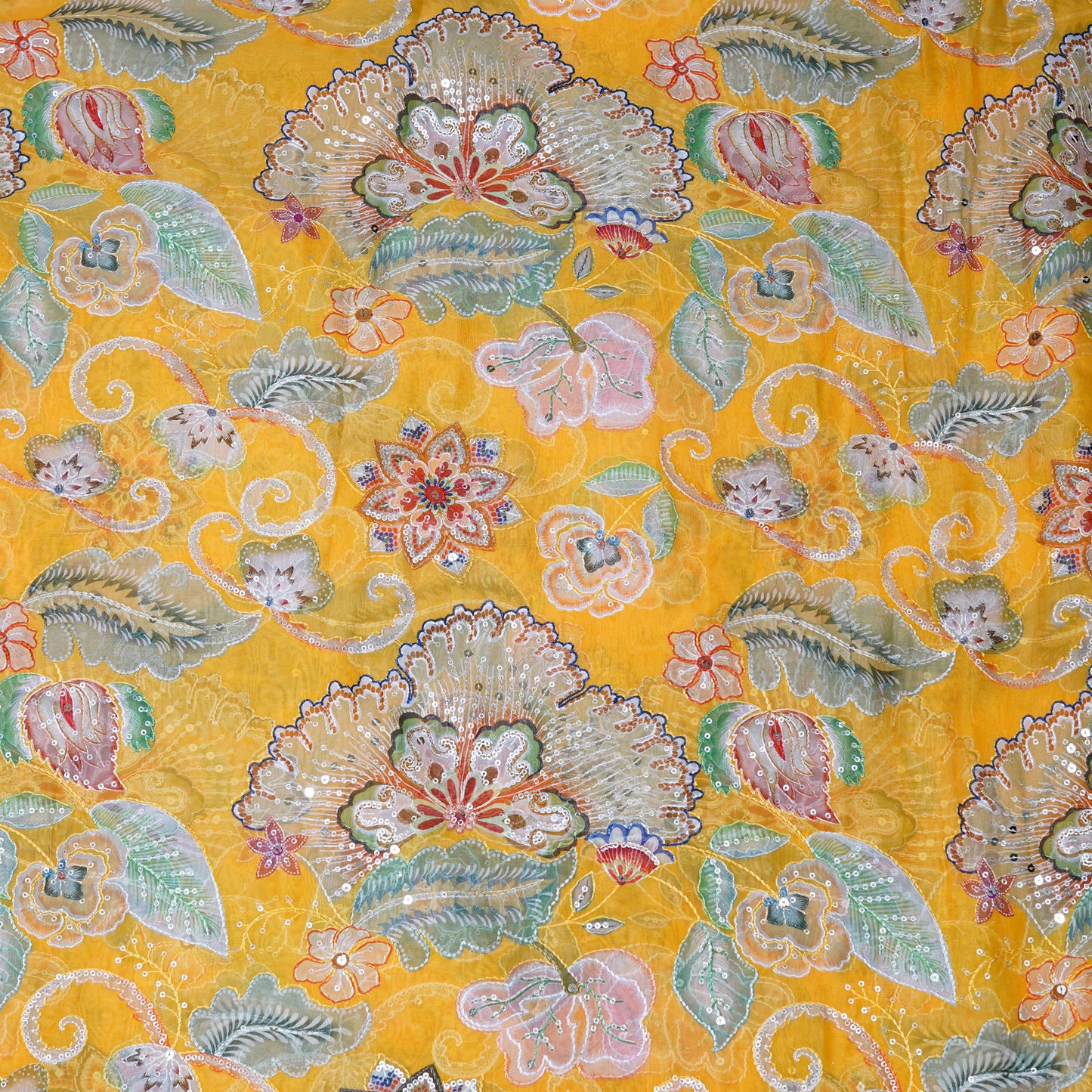 Mustard Yellow Floral Embellished Organza Fabric