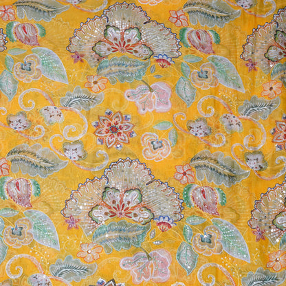 Mustard Yellow Floral Embellished Organza Fabric