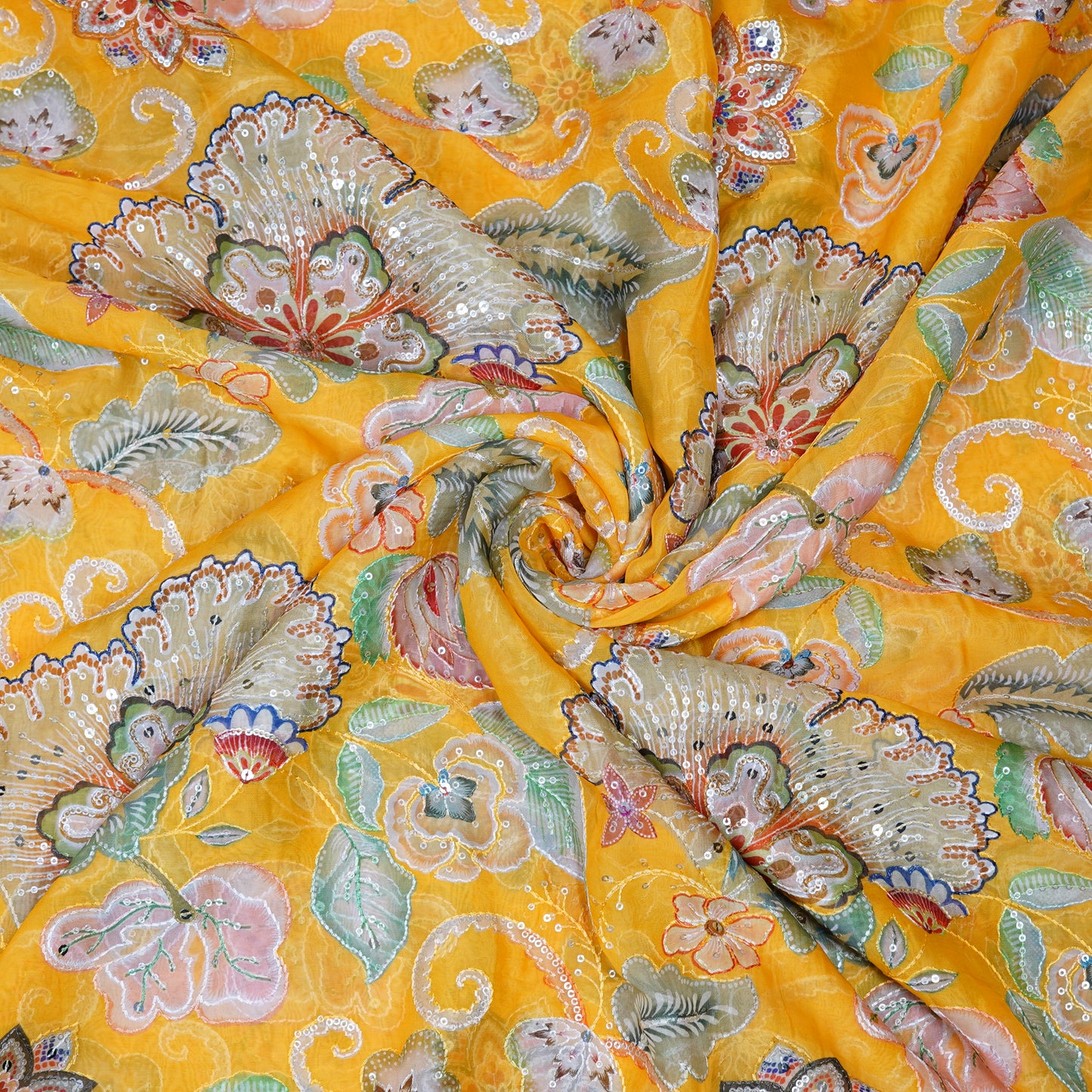 Mustard Yellow Floral Embellished Organza Fabric