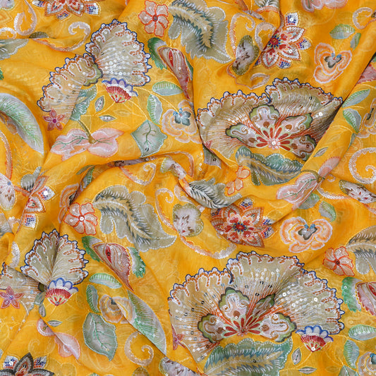 Mustard Yellow Floral Embellished Organza Fabric