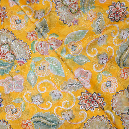 Mustard Yellow Floral Embellished Organza Fabric