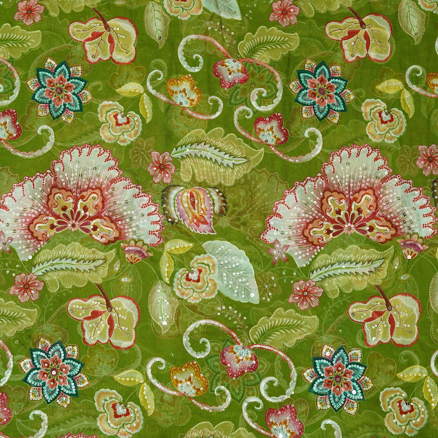 Olive Green Floral Embellished Organza Fabric