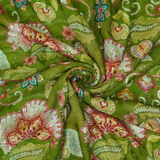 Olive Green Floral Embellished Organza Fabric