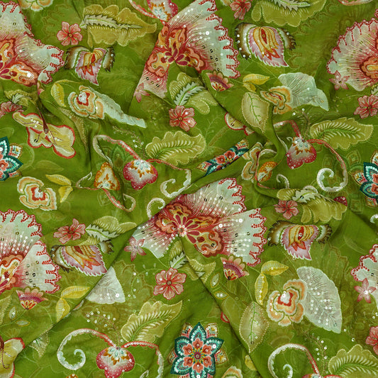 Olive Green Floral Embellished Organza Fabric