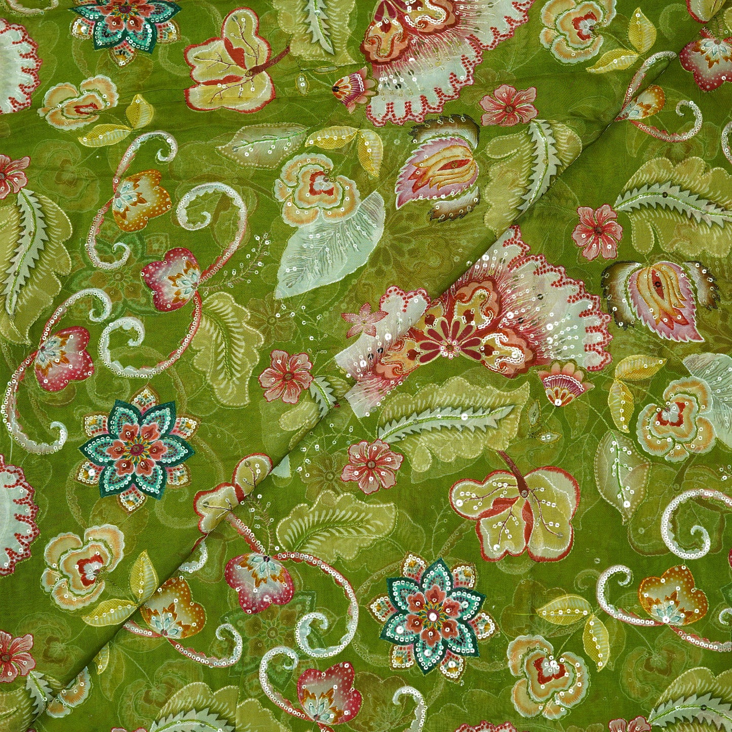 Olive Green Floral Embellished Organza Fabric