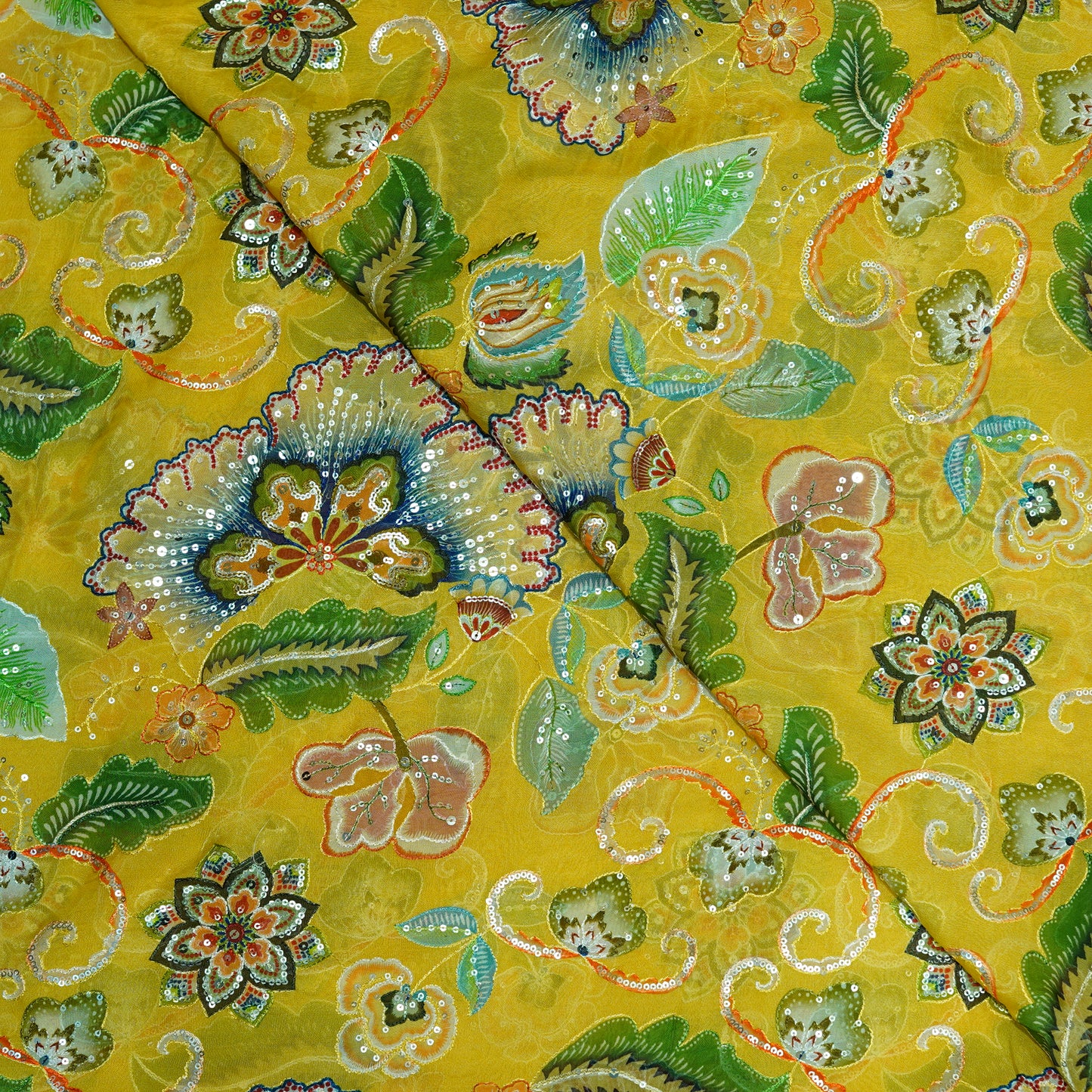 Bright Yellow Floral Organza Fabric