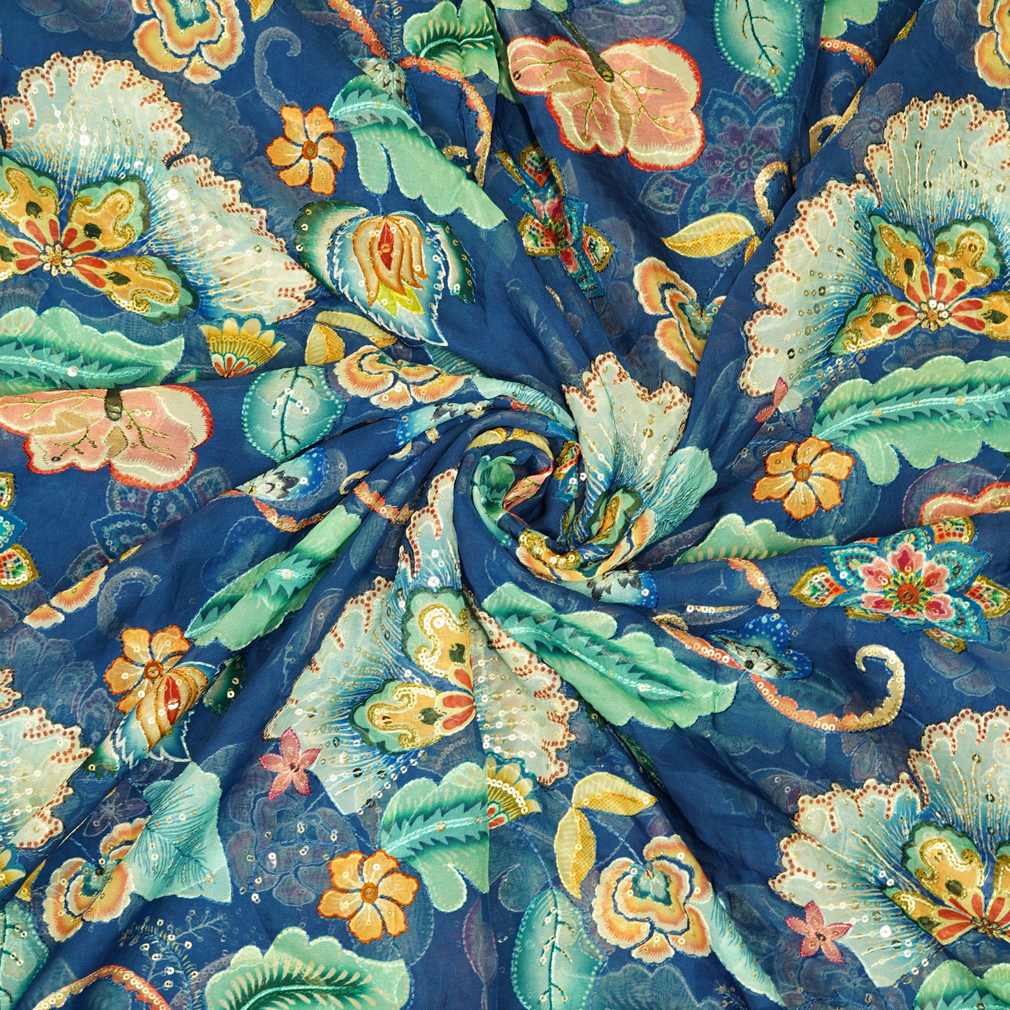 Elegant Navy Blue Floral Organza Fabric