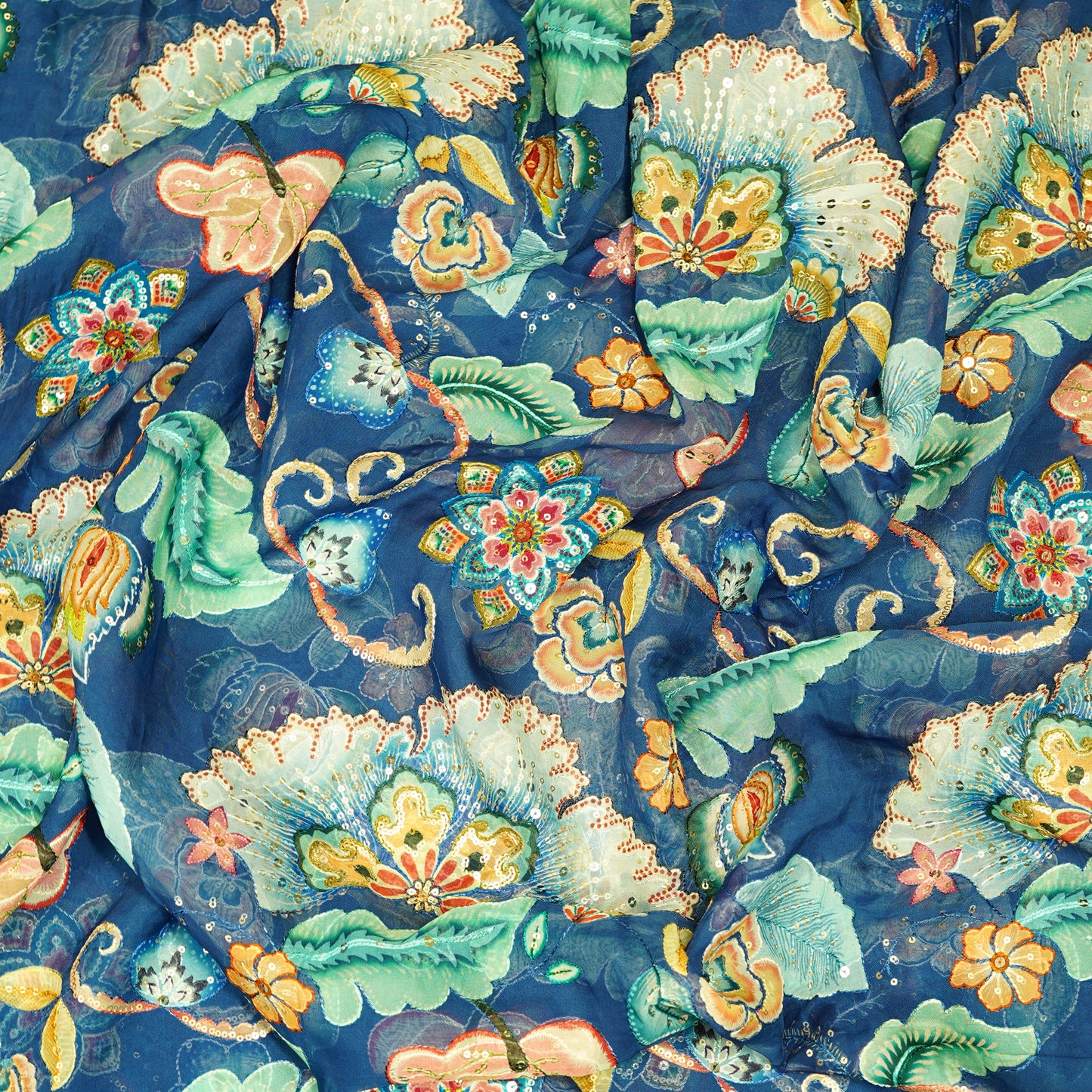 Elegant Navy Blue Floral Organza Fabric