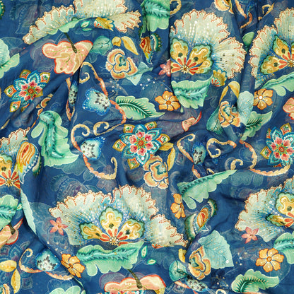 Elegant Navy Blue Floral Organza Fabric