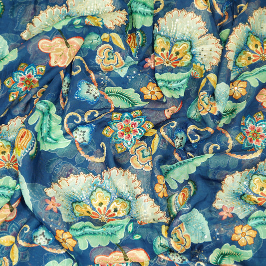 Elegant Navy Blue Floral Organza Fabric