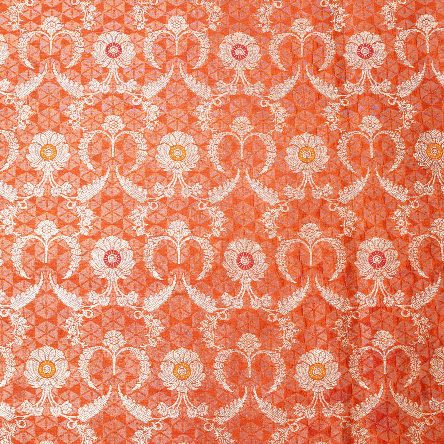 Rust Orange Geometric Banarasi Silk Brocade Fabric