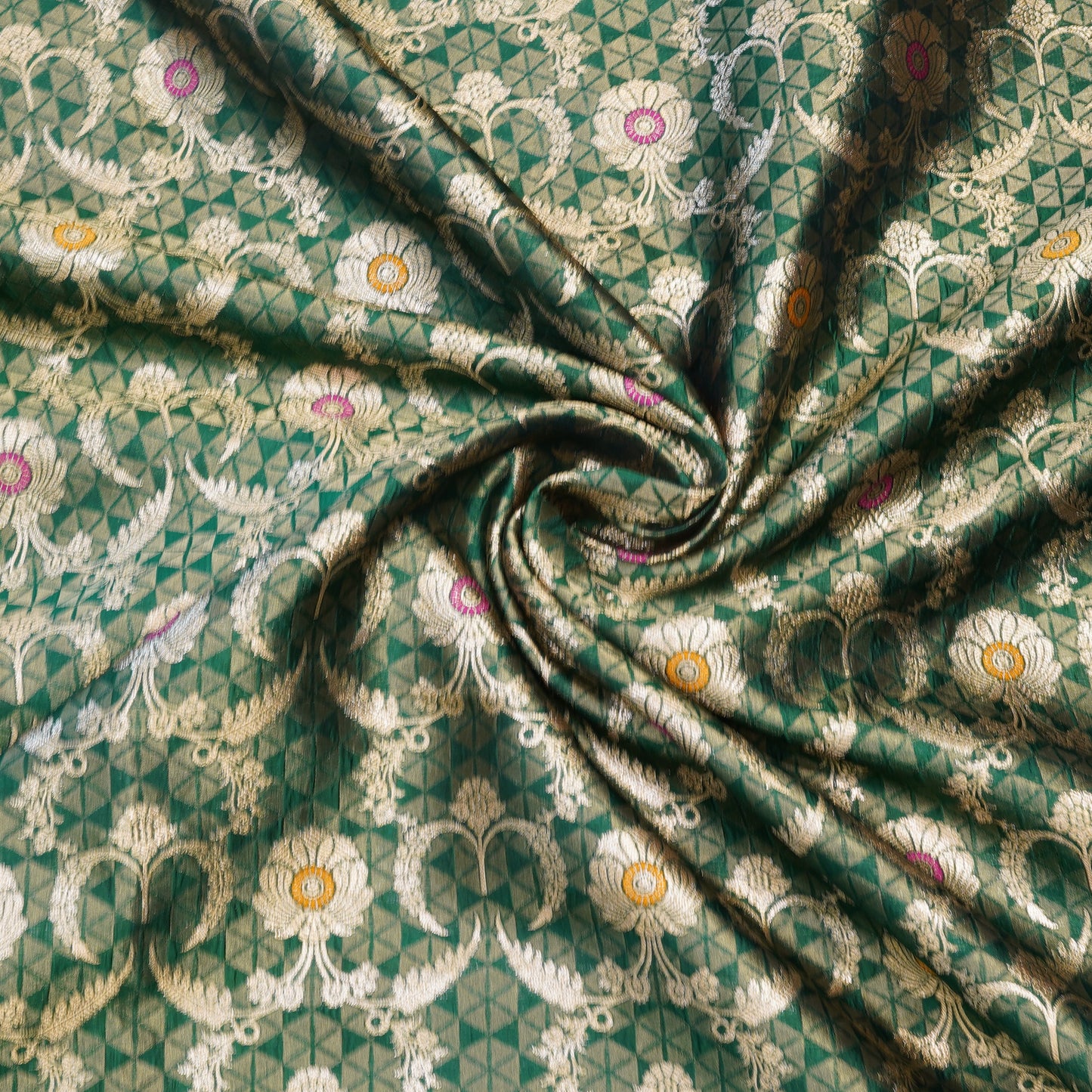Green Banarasi Zari Brocade Fabric with Meenakari Accents