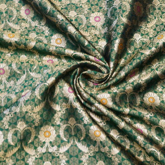 Green Banarasi Zari Brocade Fabric with Meenakari Accents