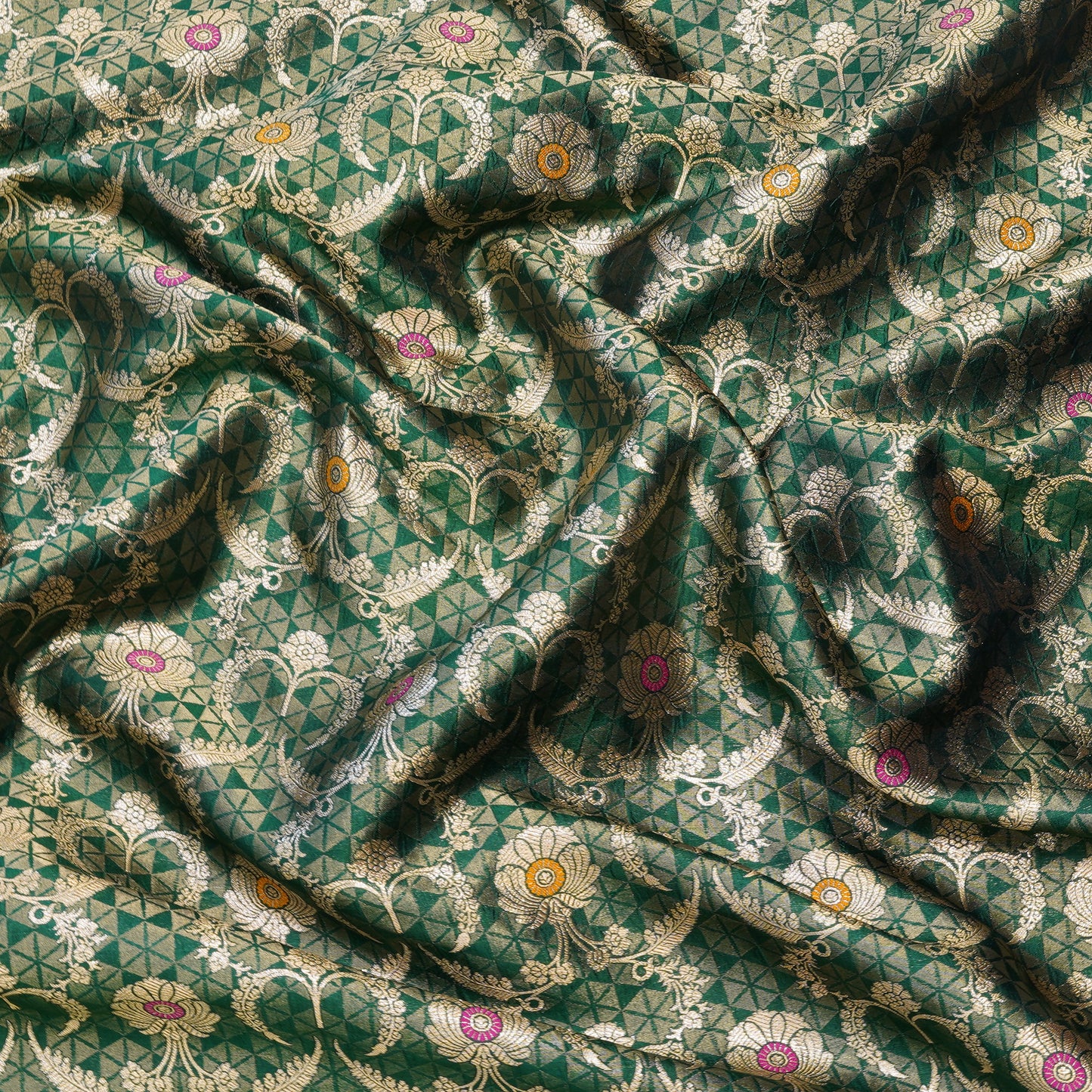 Green Banarasi Zari Brocade Fabric with Meenakari Accents