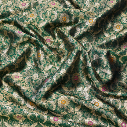Green Banarasi Zari Brocade Fabric with Meenakari Accents
