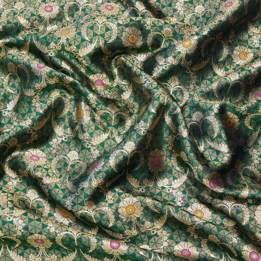 Green Banarasi Zari Brocade Fabric with Meenakari Accents