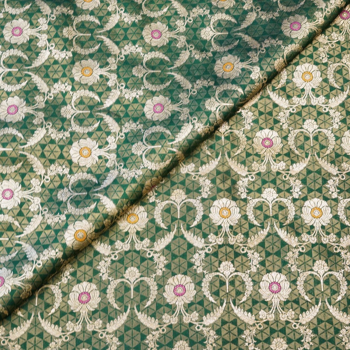 Green Banarasi Zari Brocade Fabric with Meenakari Accents