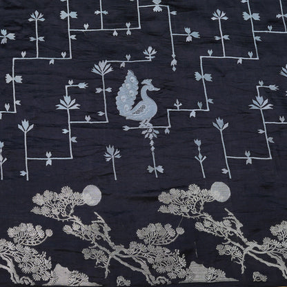 Black Peacock Motif Raw Munga Silk Fabric