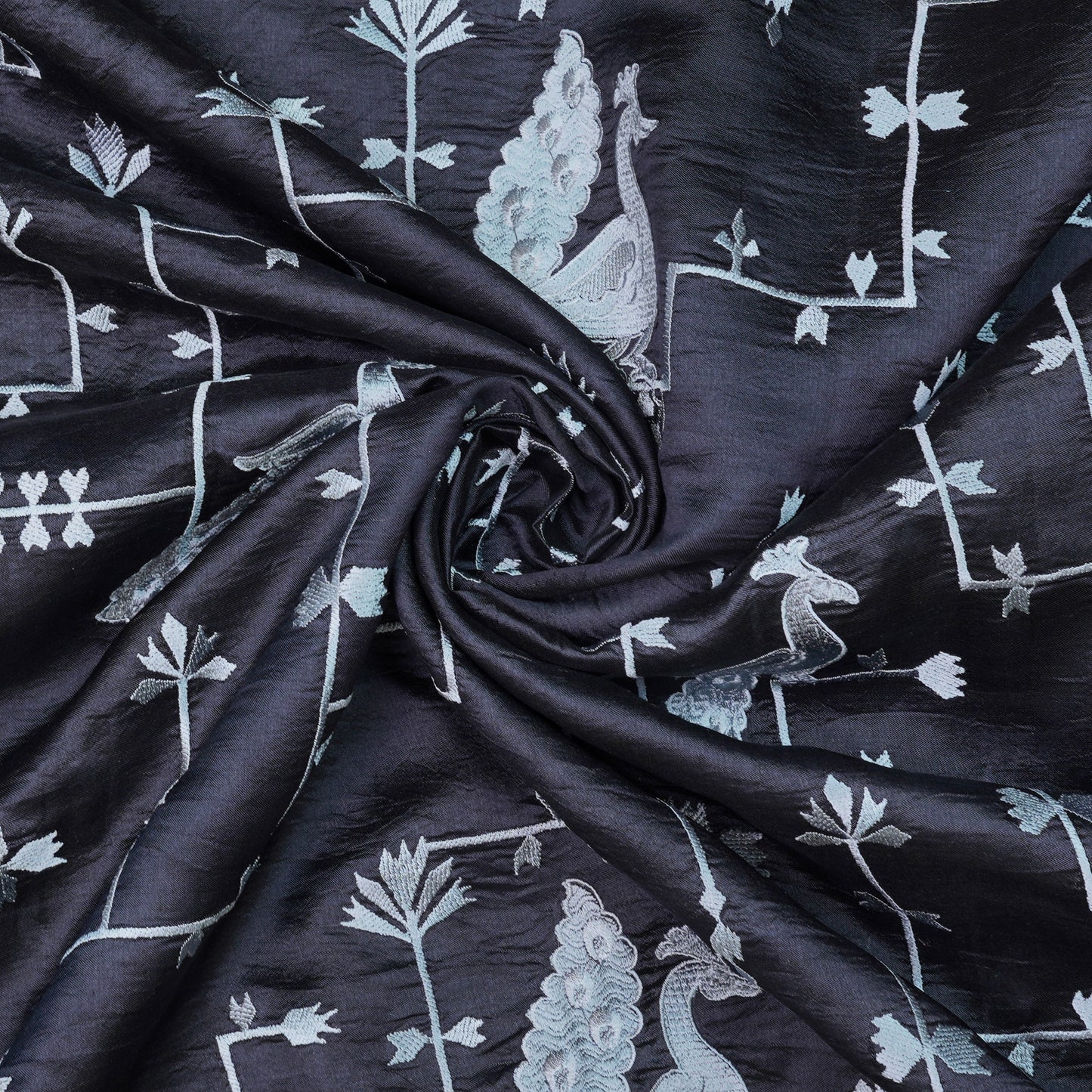 Black Peacock Motif Raw Munga Silk Fabric