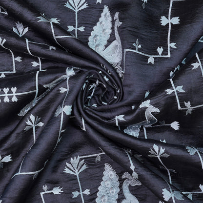 Black Peacock Motif Raw Munga Silk Fabric