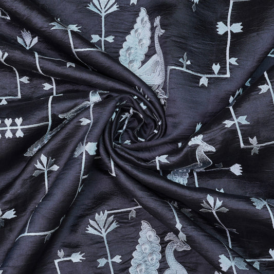 Black Peacock Motif Raw Munga Silk Fabric
