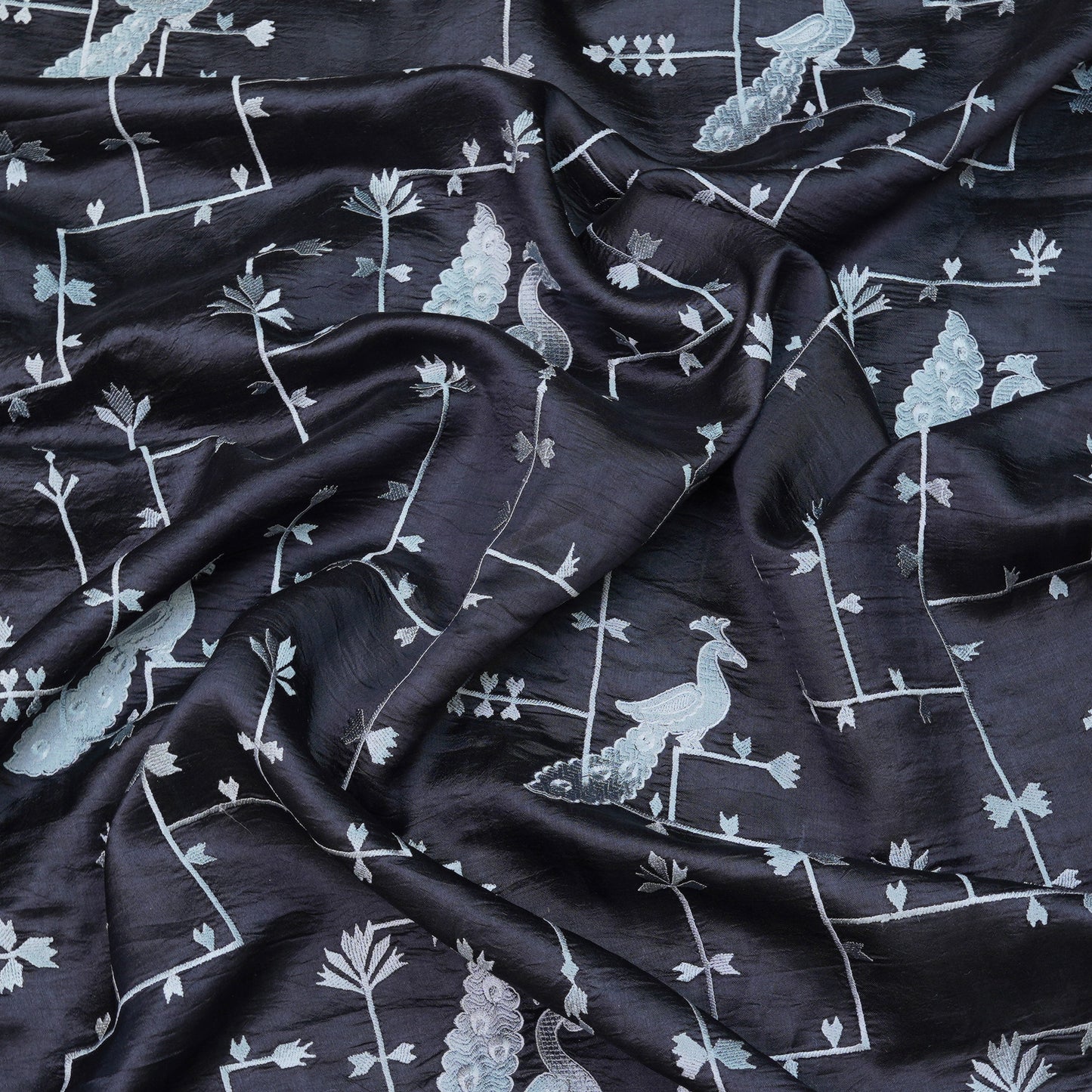 Black Peacock Motif Raw Munga Silk Fabric