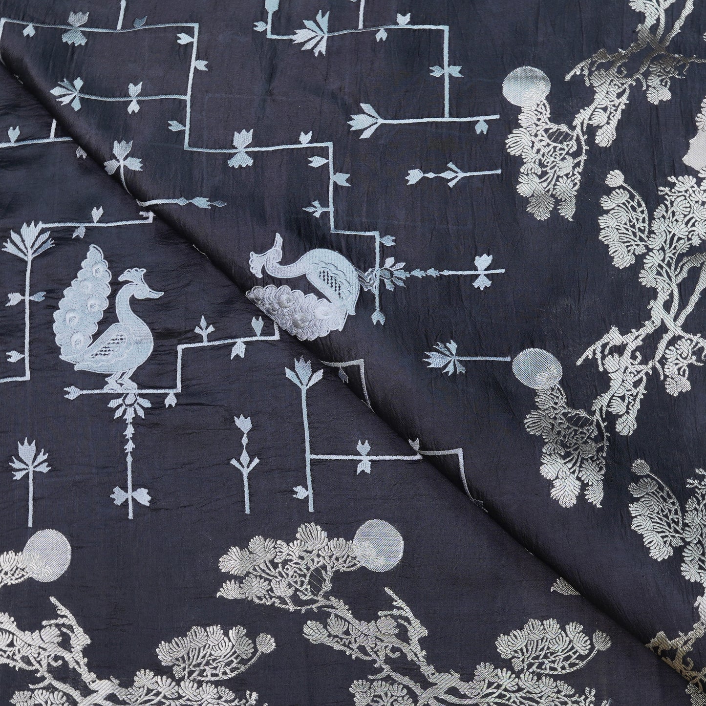 Black Peacock Motif Raw Munga Silk Fabric