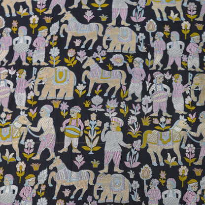 Charcoal Black Banarasi Shikargah Silk Fabric