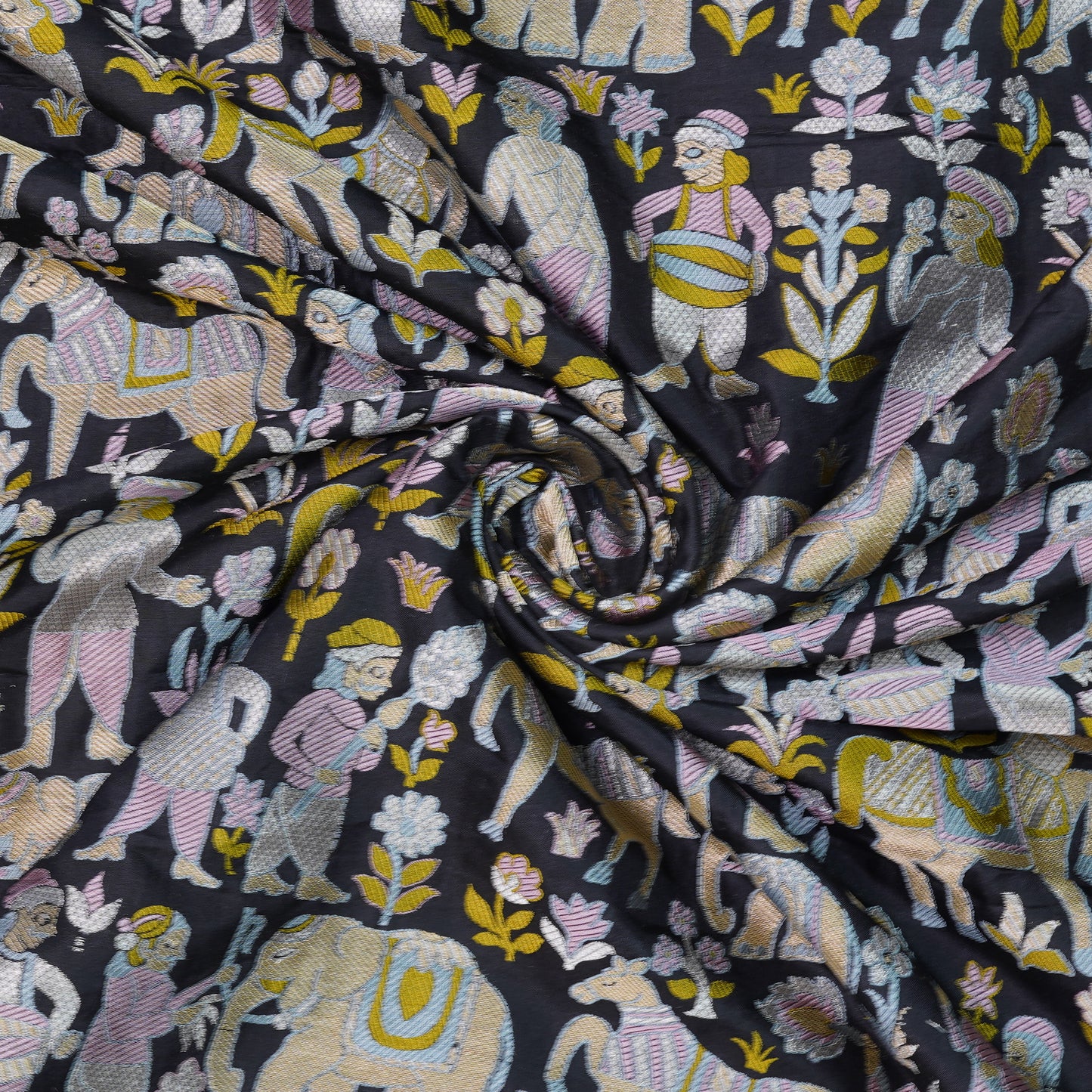 Charcoal Black Banarasi Shikargah Silk Fabric