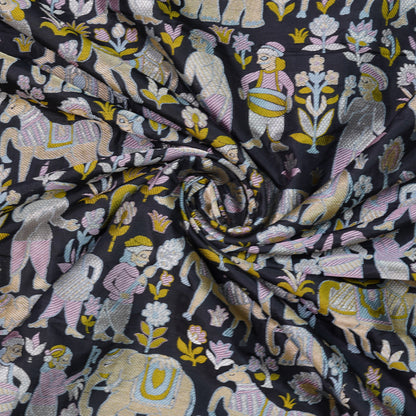 Charcoal Black Banarasi Shikargah Silk Fabric