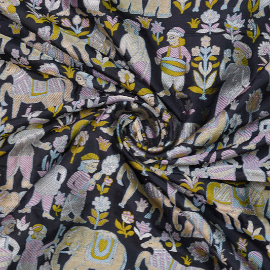 Charcoal Black Banarasi Shikargah Silk Fabric