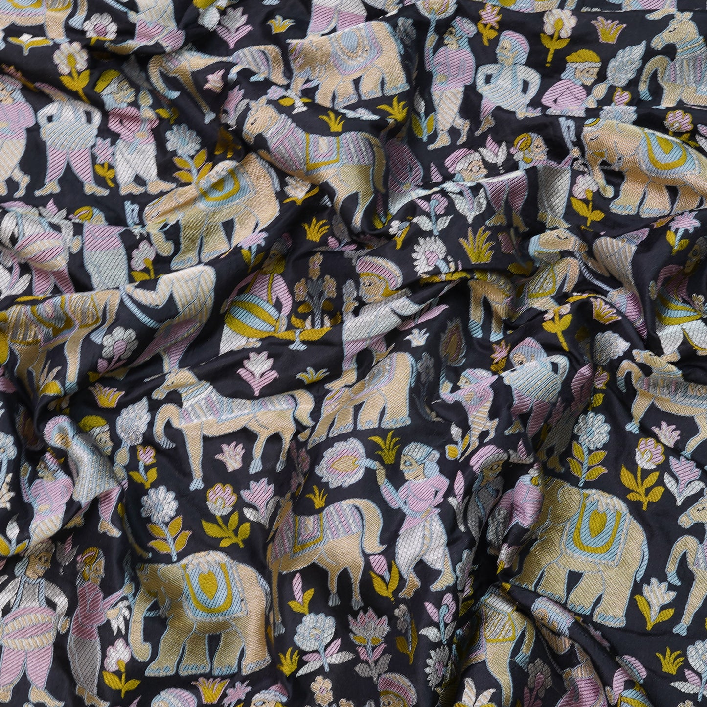 Charcoal Black Banarasi Shikargah Silk Fabric