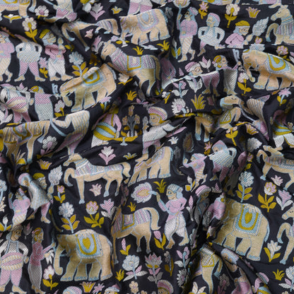 Charcoal Black Banarasi Shikargah Silk Fabric