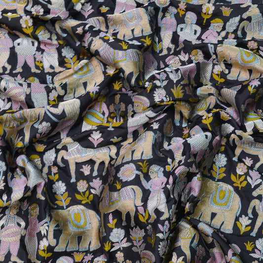 Charcoal Black Banarasi Shikargah Silk Fabric