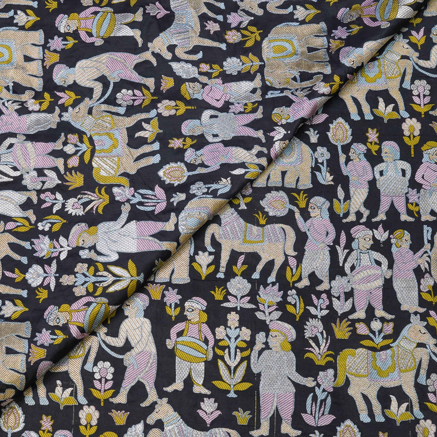 Charcoal Black Banarasi Shikargah Silk Fabric