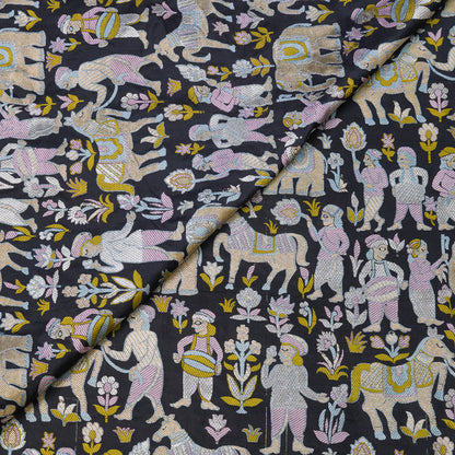 Charcoal Black Banarasi Shikargah Silk Fabric