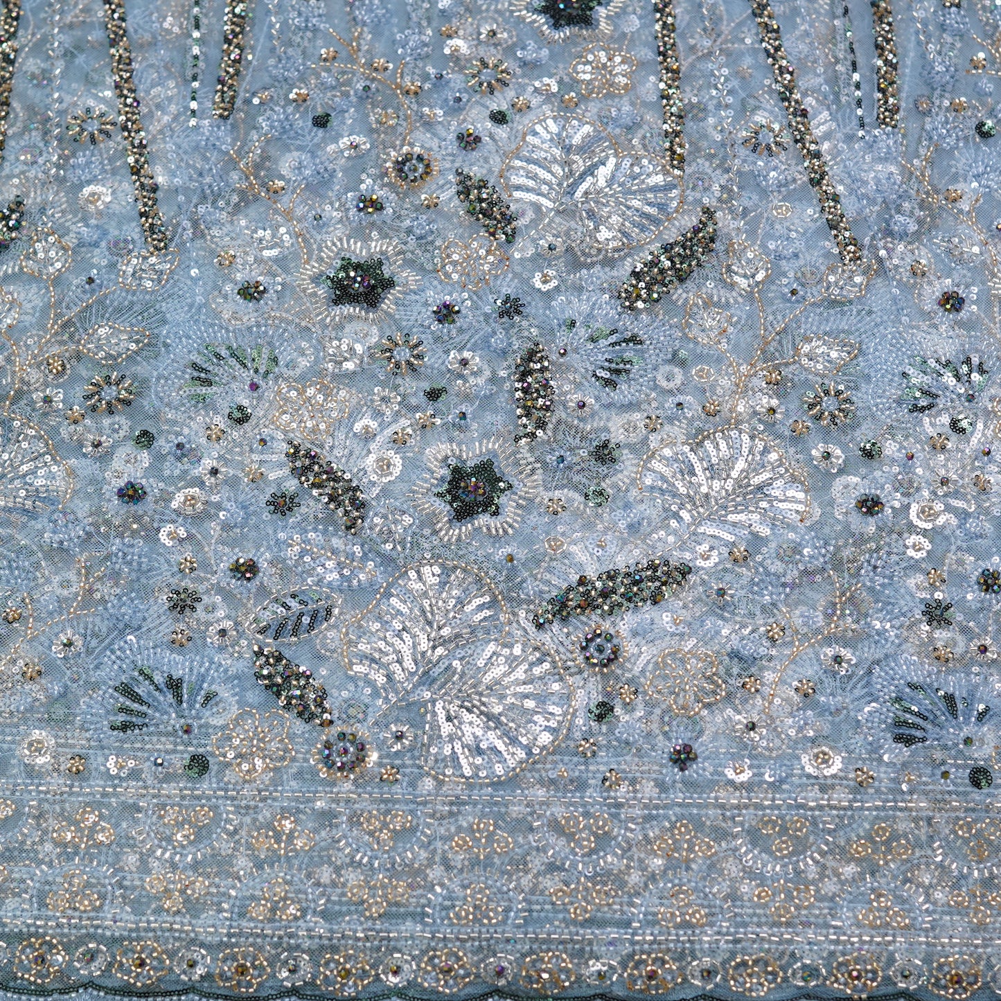 Powder Blue Sequin & Floral Hand-Embellished Net Fabric