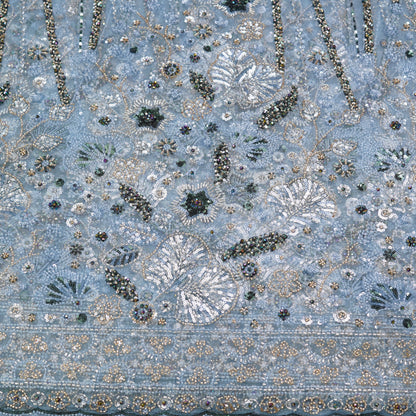 Powder Blue Sequin & Floral Hand-Embellished Net Fabric