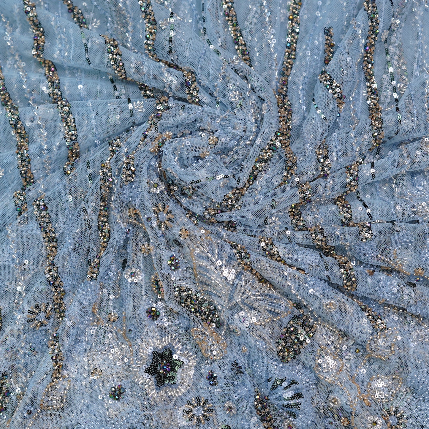 Powder Blue Sequin & Floral Hand-Embellished Net Fabric